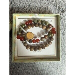NIB Shivam Unakite Jasper & Quartz Gem Stone Beaded Bracelet Brass Made in India